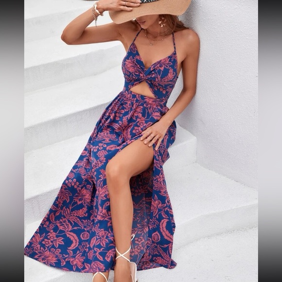 Boho Floral Print Slit Twisted Cut Out Front Tie Back Bow Halter Maxi Dress - Picture 10 of 12